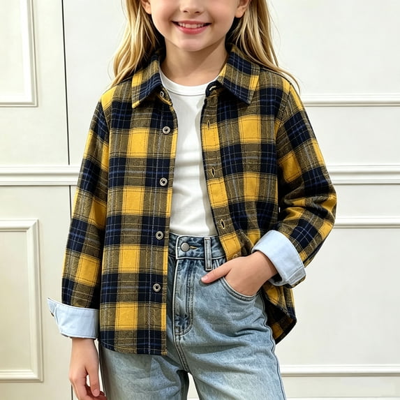 Girls Oversized Plaid Fabric Shirt Kids Long Sleeve Button Down Blouse Tops (0-8 Years) Yellow-C