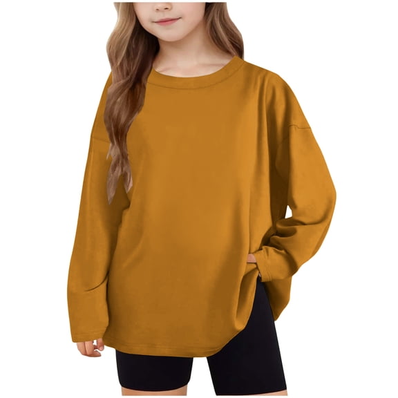 Girls Oversized Shirts Long Sleeve Casual Loose Crewneck Shirt Lightweight Soft Comfy Solid Color Pullover Tops 5-12 Years