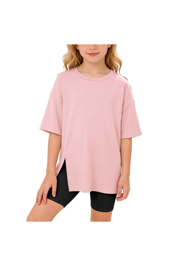 Girls Oversized Short Sleeve Shirts Trendy Casual Girls T Shirts Size 12 Side Slit Crewneck Tops Workout Tops Summer Shirts Size 13-14 Years,Pink