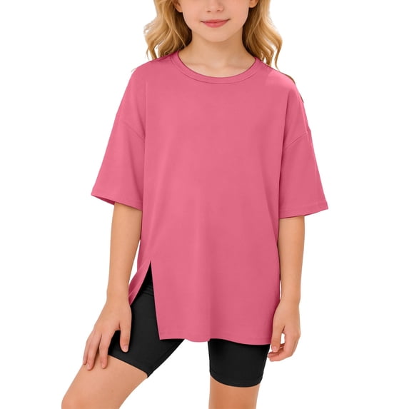 Girls Oversized Short Sleeve Shirts Trendy Casual Tops for Girls 10-12 Side Slit Crewneck Tops Workout Tops Summer Shirts(Size 11-12 Years,fg1-Pink)