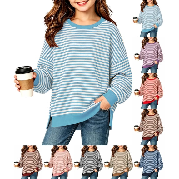 Girls Oversized Striped Pullover Sweatshirt Soft Crew Neck Long Sleeve Shirt with Pockets Casual Daily Wear for Girls 5-15Y
