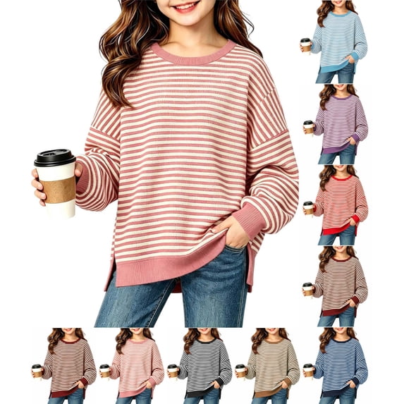 Girls Oversized Striped Pullover Sweatshirt Soft Crew Neck Long Sleeve Shirt with Pockets Casual Daily Wear for Girls 5-15Y