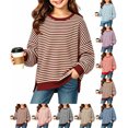 thumbnail image 1 of Girls Oversized Striped Pullover Sweatshirt Soft Crew Neck Long Sleeve Shirt with Pockets Casual Daily Wear for Girls 5-15Y, 1 of 8
