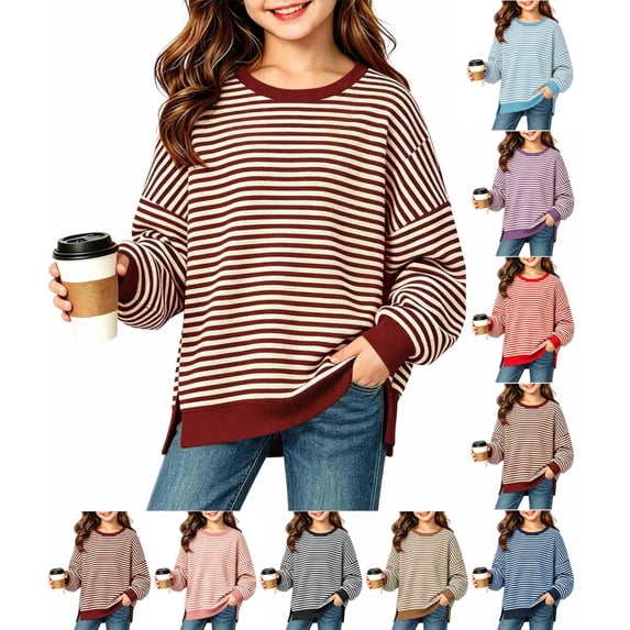 Girls Oversized Striped Pullover Sweatshirt Soft Crew Neck Long Sleeve Shirt with Pockets Casual Daily Wear for Girls 5-15Y