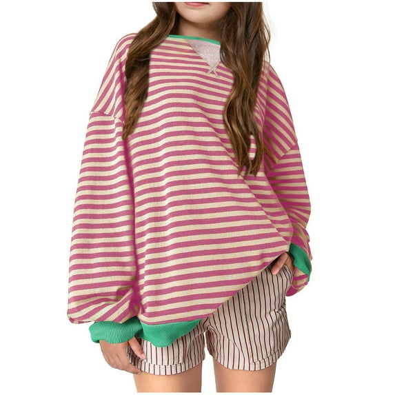 Girls Oversized Sweatshirt Crew Neck Long Sleeve Strip Pullover Top for Girl Fall Casual Loose Shirt Kids (Pink 130)