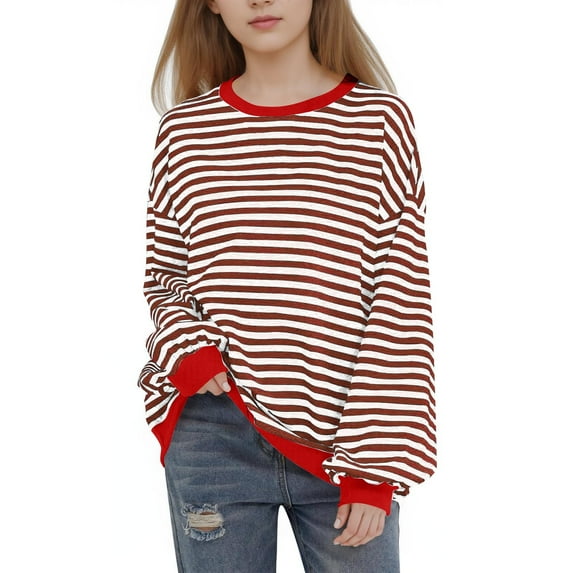 Girls Oversized Sweatshirt Crewneck Classic Striped Pullover Long Sleeve Casual Fashion Colorblock Tops (11-12 Years, Red)