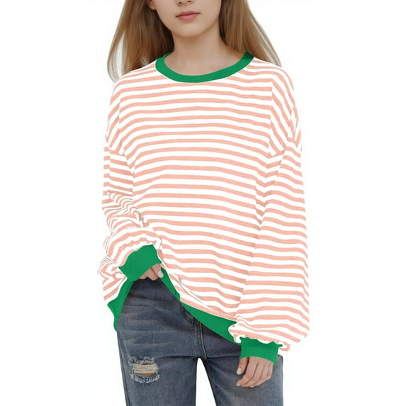 Girls Oversized Sweatshirt Crewneck Classic Striped Pullover Long Sleeve Casual Fashion Colorblock Tops (2-3 Years, Pink)