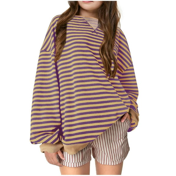 Girls Oversized Sweatshirt Striped Fall Sweatshirts Crew Neck Long Sleeve Shirt Casual Loose Pullover Tops for 5-14 Years