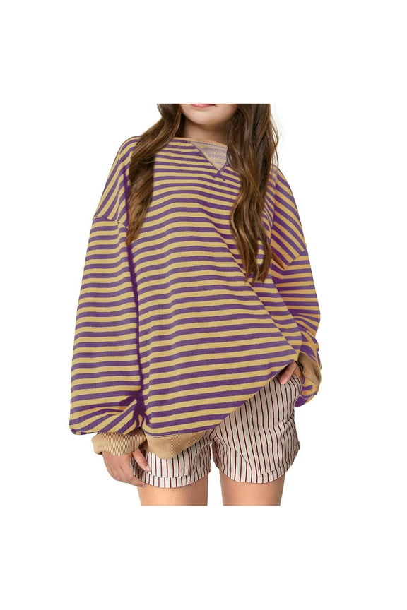 Girls Oversized Sweatshirt Striped Fall Sweatshirts Crew Neck Long Sleeve Shirt Casual Loose Pullover Tops for 5-14 Years