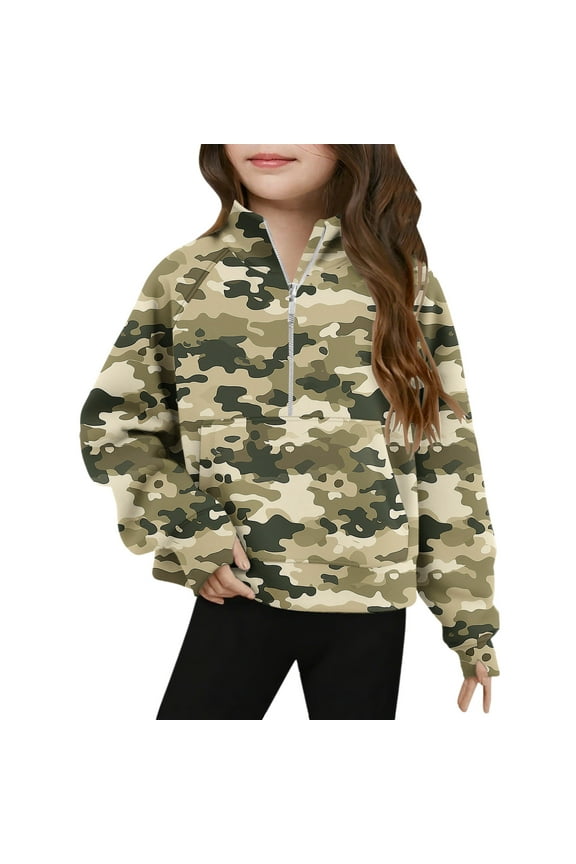 Girls Oversized Sweatshirts 1/4 Zipper Pullover Kids Cute Loose Hoodie Winter Warm Fleece Cotton Long Sleeve Casual Camouflage Sweatshirt with Pocket Girl Pullovers Cotton Tops Kid