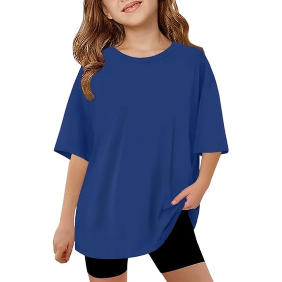 Girls Oversized T Shirts Kids Solid Crew Neck Short Sleeve Casual Loose Tops
