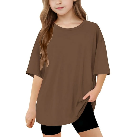 Girls Oversized Tshirts Short Sleeve Cotton T Shirts Tops 5-15 Years Unisex Youth Child Casual Summer Loose Tees (14 Years, Brown)