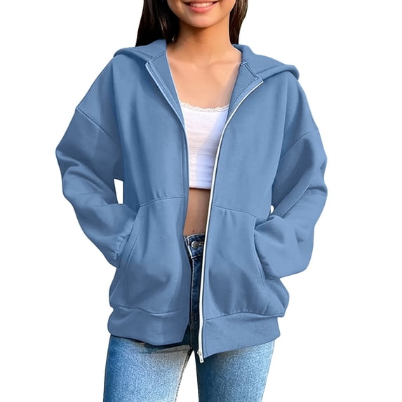 Girls Oversized Zip Up Hoodies Cute Casual Baggy Sweatshirt Jacket Drop Shoulder Back to School Hooded Sweaters with Pockets