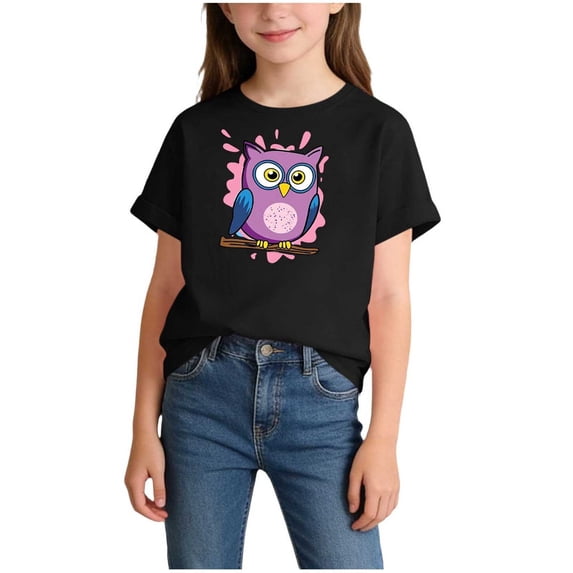 Girls Owl T-Shirt Black 100% Cotton Short Sleeve Crew Neck Cute Cartoon Animal Tee Kids Casual Everyday Wear Top,Size 2-4 T