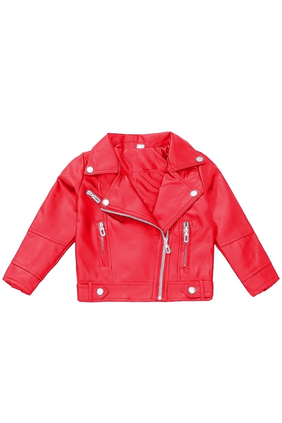Girls PU Leather Motorcycle Jacket, Trendy Notch Collar Zip-Up Cropped Biker Jacket Bomber Coat for Girls 3-16 Years