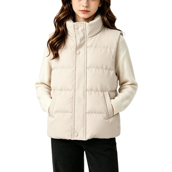 Girls Padded Vest, Stand Collar Quilted Sleeveless Gilet, Warm Side Pocket Waistcoat For Kids Beige 9-10 Years