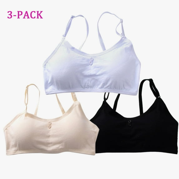 Girls Pads Adjustable Straps Cotton Bra,3-Pack Teenage Wirefree Bralette Back Closure Training Bras