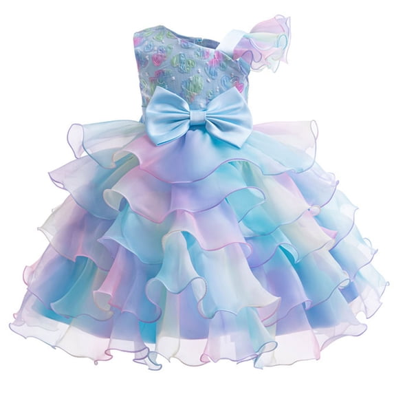 Girls Pageant Party Dress Ruffled Sleeve Multicolor Puff Dresses Cute Sequin Formal Princess Ball Gown With Bow (3-4Years, Blue)