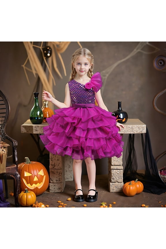 Girls Pageant Princess Single Ruffle Sleeve Flower Dress, Kids Wedding Bridesmaid Pageant Party Formal Long Gown Princess Tulle Floral Embroidery Girl Birthday Party Dresses - 2-10T