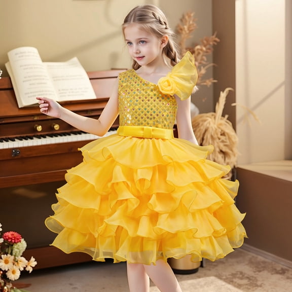 Girls Pageant Princess Single Ruffle Sleeve Flower Dress, Kids Wedding Bridesmaid Pageant Party Formal Long Gown Princess Tulle Floral Embroidery Girl Birthday Party Dresses - 2-10T