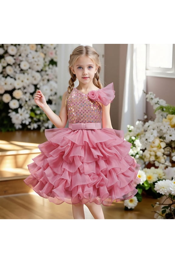 Girls Pageant Princess Single Ruffle Sleeve Flower Dress, Kids Wedding Bridesmaid Pageant Party Formal Long Gown Princess Tulle Floral Embroidery Girl Birthday Party Dresses - 2-10T