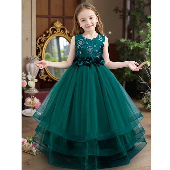 Girls Pageant Princess Sleeve Flower Ball Gown Dress, Kids Wedding Bridesmaid Pageant Party Formal Long Gown Princess Tulle Floral Embroidery Girl Birthday Party Dresses - 2-10T