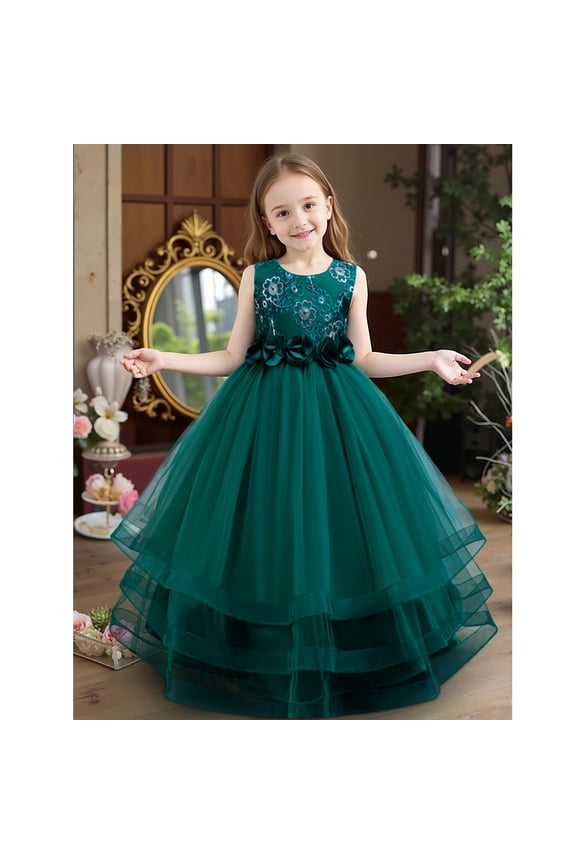 Girls Pageant Princess Sleeve Flower Ball Gown Dress, Kids Wedding Bridesmaid Pageant Party Formal Long Gown Princess Tulle Floral Embroidery Girl Birthday Party Dresses - 2-10T