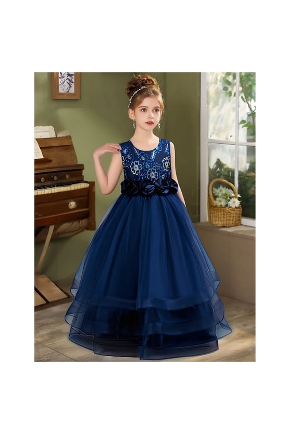 Girls Pageant Princess Sleeve Flower Ball Gown Dress, Kids Wedding Bridesmaid Pageant Party Formal Long Gown Princess Tulle Floral Embroidery Girl Birthday Party Dresses - 2-10T