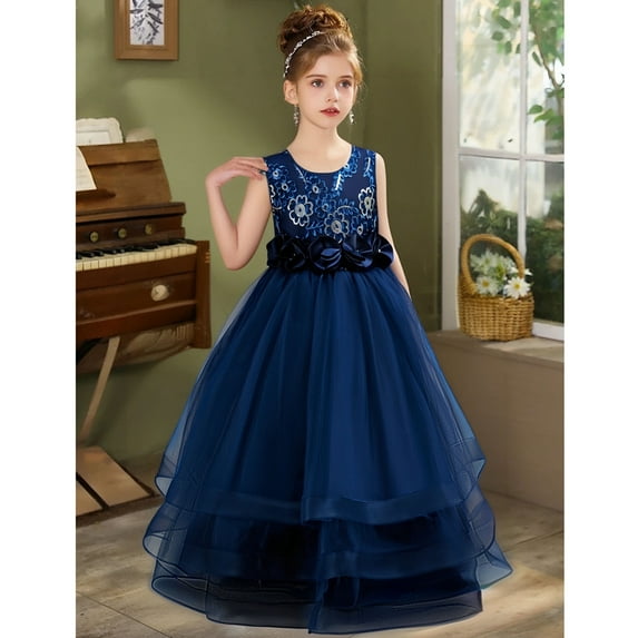 Girls Pageant Princess Sleeve Flower Ball Gown Dress, Kids Wedding Bridesmaid Pageant Party Formal Long Gown Princess Tulle Floral Embroidery Girl Birthday Party Dresses - 2-10T