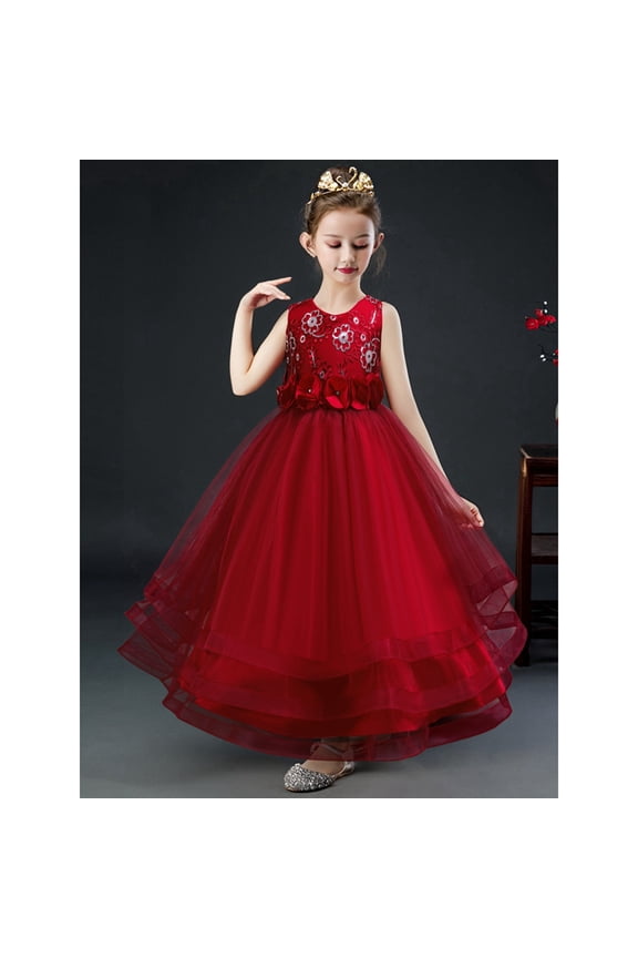 Girls Pageant Princess Sleeve Flower Ball Gown Dress, Kids Wedding Bridesmaid Pageant Party Formal Long Gown Princess Tulle Floral Embroidery Girl Birthday Party Dresses - 2-10T