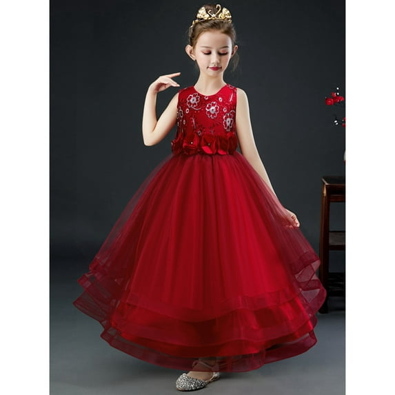 Girls Pageant Princess Sleeve Flower Ball Gown Dress, Kids Wedding Bridesmaid Pageant Party Formal Long Gown Princess Tulle Floral Embroidery Girl Birthday Party Dresses - 2-10T
