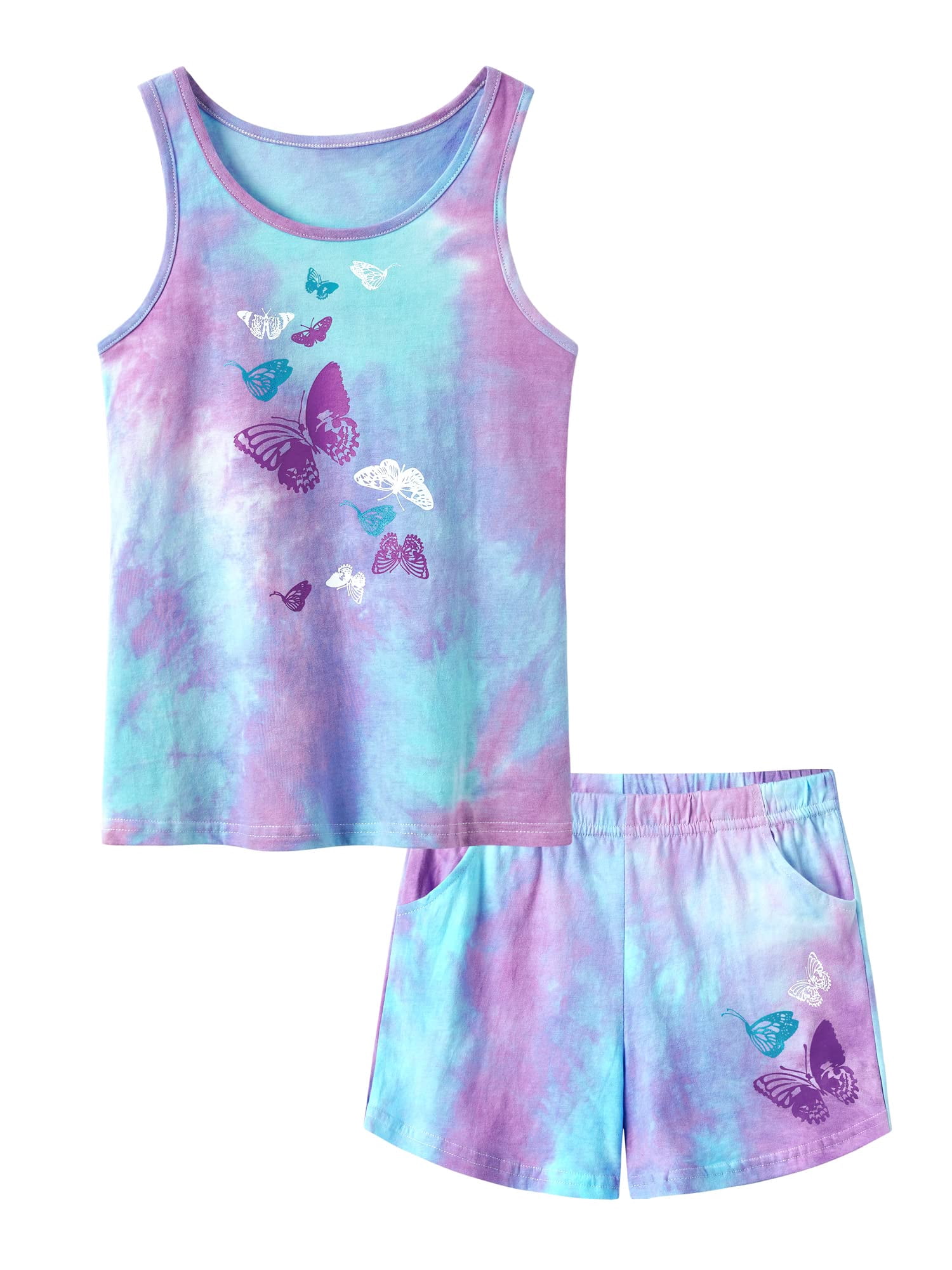 Beezizac Girls Pajama Set 2-PC Tank Top & Shorts Cotton Summer Tie Dye Butterfly Pjs Size 10