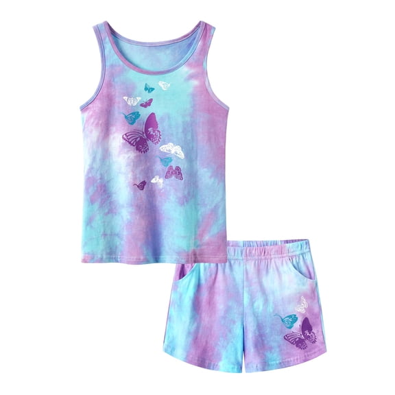 Beezizac Girls Pajama Set 2-PC Tank Top & Shorts Cotton Summer Tie Dye Butterfly Pjs Size 12
