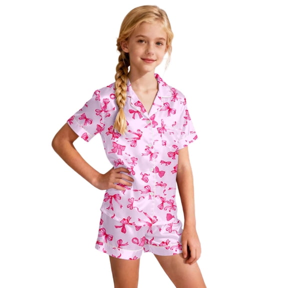 Girls Pajama Set Bow Print Valentine's Day Pajama Set Short Sleeve Button Down Top and Shorts Two Piece Sleepwear Soft Set for Toddlers Pink 8 Years-9 Years