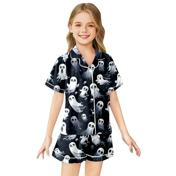 Girls Pajama Set Button Down Tops Set Toddler Girl Sleepwear Halloween prints Trendy Clothes for Teen Girls 2T
