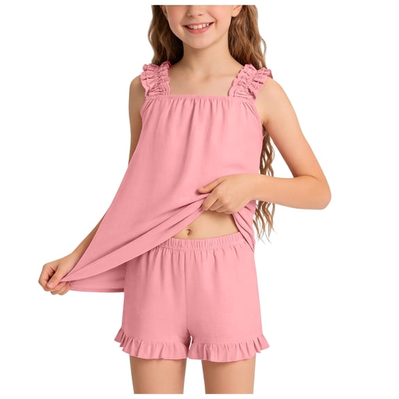 Girls Pajama Set With Cute Print Home Short Sleeve Shorts Pajama Set Print Tank Tops Elastic Shorts Pants Set Cartoon Print 2PCS Set Dailywear Set 11-12 Years