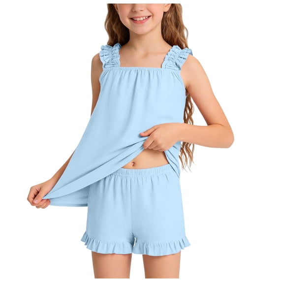 Girls Pajama Set With Cute Print Home Short Sleeve Shorts Pajama Set Print Tank Tops Elastic Shorts Pants Set Cartoon Print 2PCS Set Dailywear Set 5-6 Years