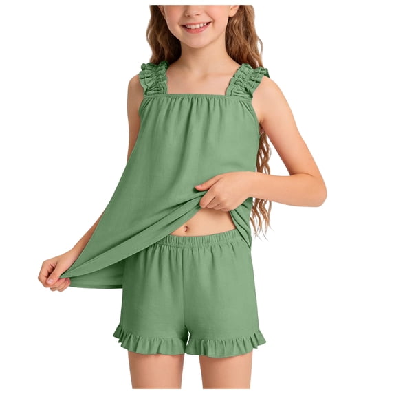 Girls Pajama Set With Cute Print Home Short Sleeve Shorts Pajama Set Print Tank Tops Elastic Shorts Pants Set Cartoon Print 2PCS Set Dailywear Set 5-6 Years