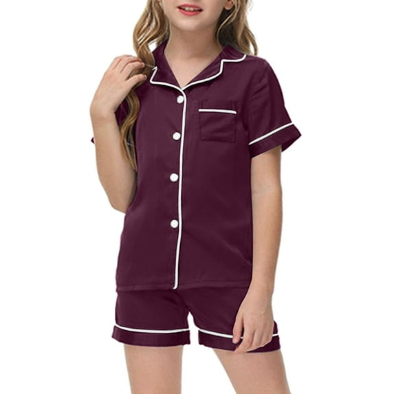 Girls Pajama Set Girls Silk Pajamas Set Button Down Sleepwear with Shorts Classic Pajamas Set Silk Pjs for Girls 8-9