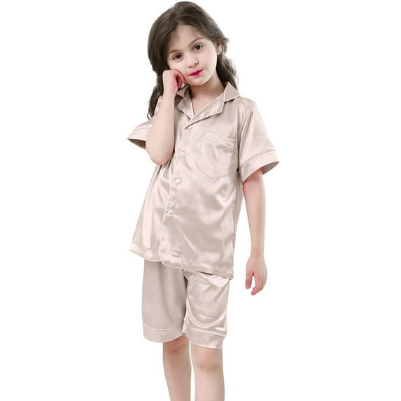 Girls Pajama Set Satin Pajamas Kids Button Down Tops with Shorts Toddler Nightgown Pjs for Girls Size 4-5