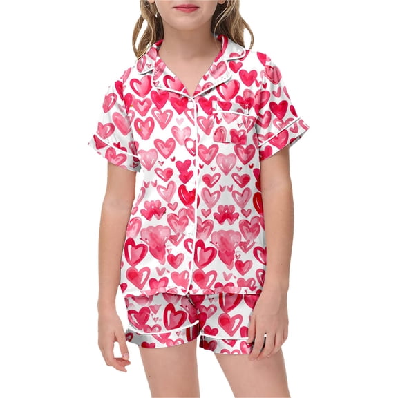 Girls Pajama Set Heart Print Long Sleeve Pajama Button Down Top and Shorts Two Piece Sleepwear Soft for Toddler Kids Hot Pink 8 Years-9 Years