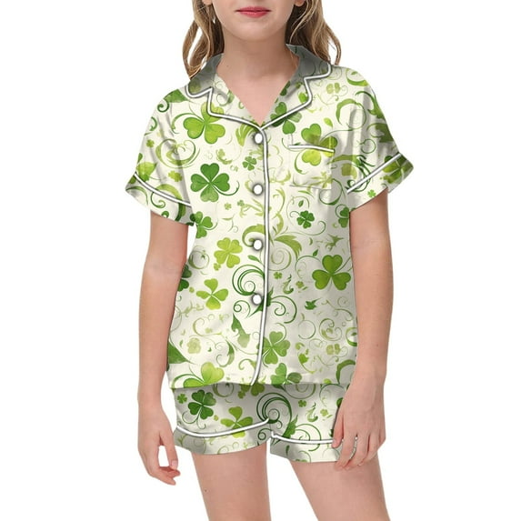 Girls Pajama Set St. Patrick'S Day Satin Short Sleeve Collared Button Down Top And Shorts Shamrock Print Sleepwear Light Green 2 Years-3 Years