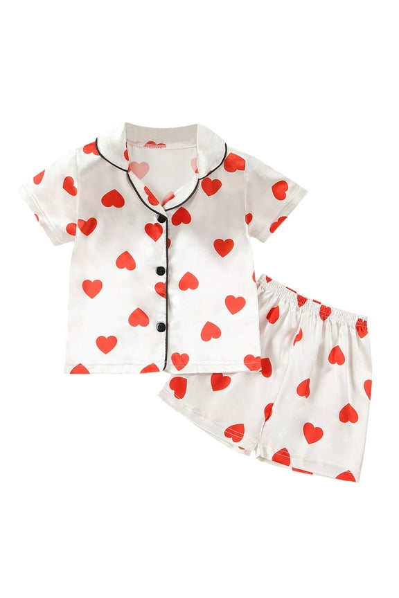 Girls Satin Pajamas Set,Cute Red Heart Pattern Toddler Pajamas Button Down Sleepwear Set 2 Piece Classic Pajamas Set Girls Pajama Sets Size 18-24 Months