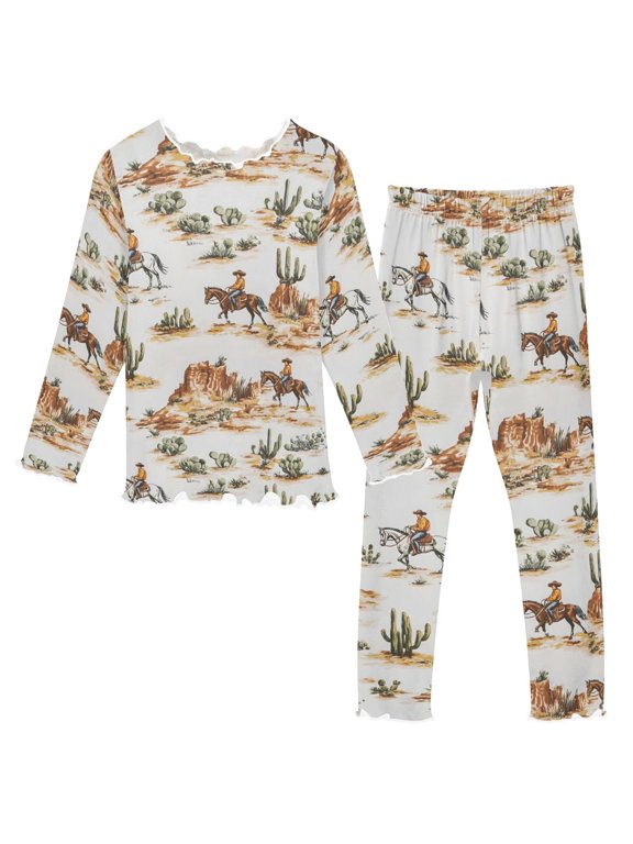 Girls Pajama Set Western Cowboy Horses Kids Long Sleeve 2 Piece Sleepwear 7-8Y