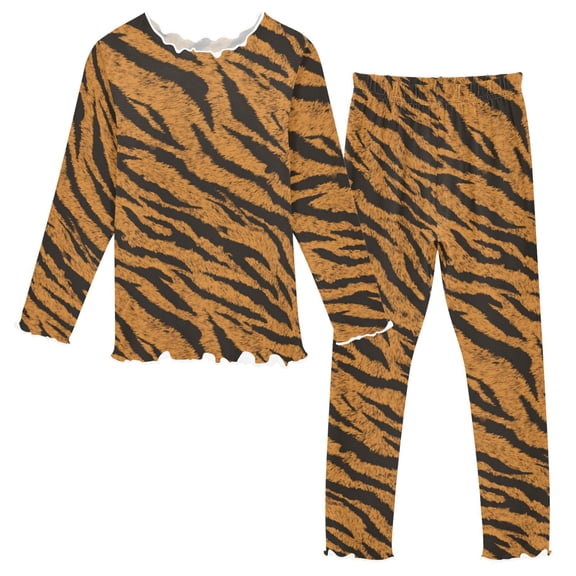 Girls Pajama Set with Long Sleeve Shirt and Pants Soft Thermal Sleepwear Tiger Stripes Pattern 2T