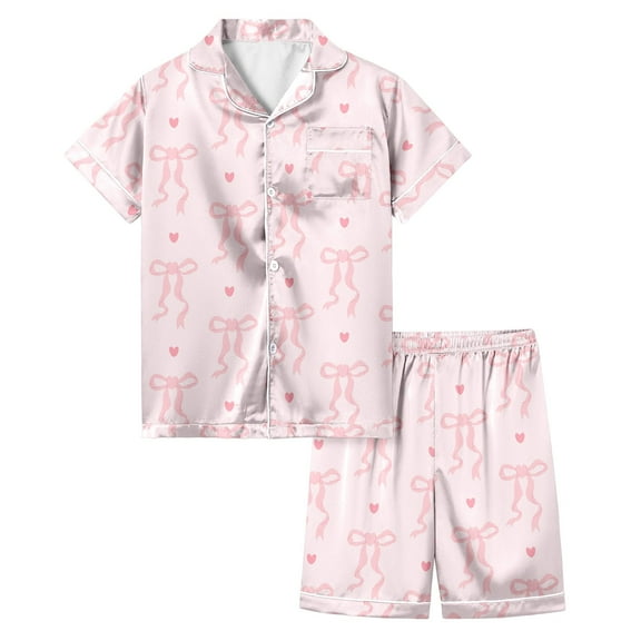 Girls' Pajama Sets Bow Print Valentine's Pajama Set Short Sleeve Button Down Top and Shorts Two Piece Sleepwear Soft for Kids Pink 12 Years-13 Years
