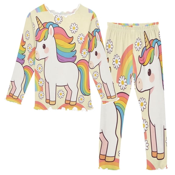 Girls Pajama Sets Comfy Toddler Summer Sleepwear with Elastic Waistband Pants for 2T-10Y Flower and Rainbow Patterns Printed Design