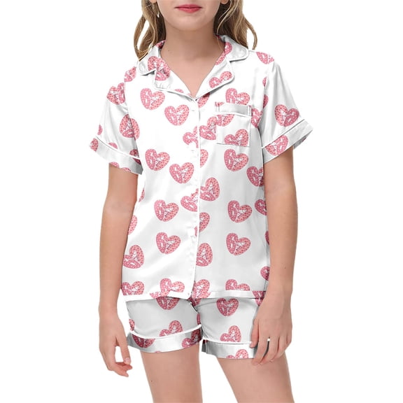 Girls' Pajama Sets Heart Print Long Sleeve Pajama Set Button Down Top and Shorts Two Piece Sleepwear Soft for Toddlers Light Pink 4 Years-5 Years