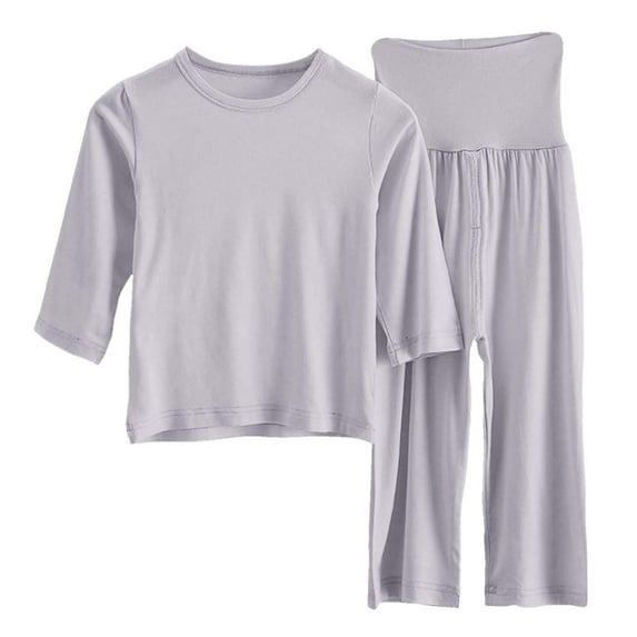 Girls Pajama Sets Short Sleeve High Waist Sleepwear Outfits Solid Color Shirts and Pants 2 Pieces Set Light Gray 12-18 Months