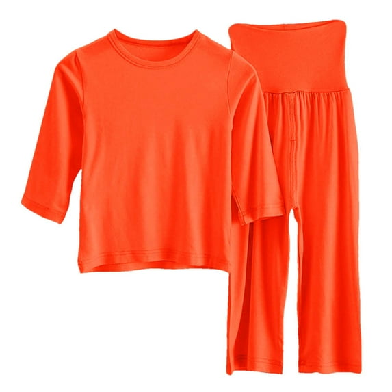 Girls Pajama Sets Short Sleeve High Waist Sleepwear Outfits Solid Color Shirts and Pants 2 Pieces Set Orange 3-4 Years